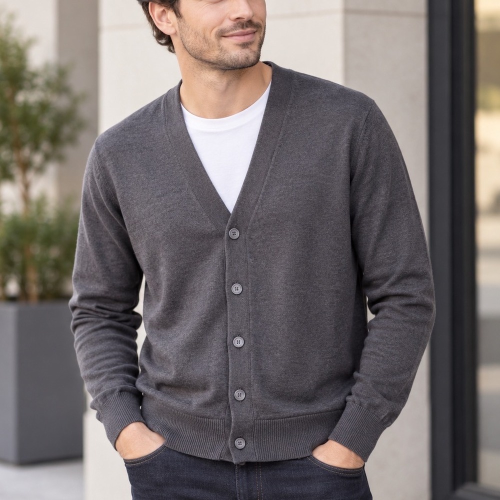 Van Heusen Studio Men's M Charcoal Gray V Neck Button Front Cardigan Sweater